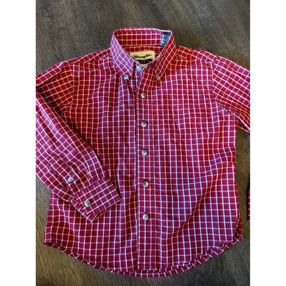 Wrangler Riata Boys Red White Plaid Long Sleeve Button Down Shirt Size XS 4